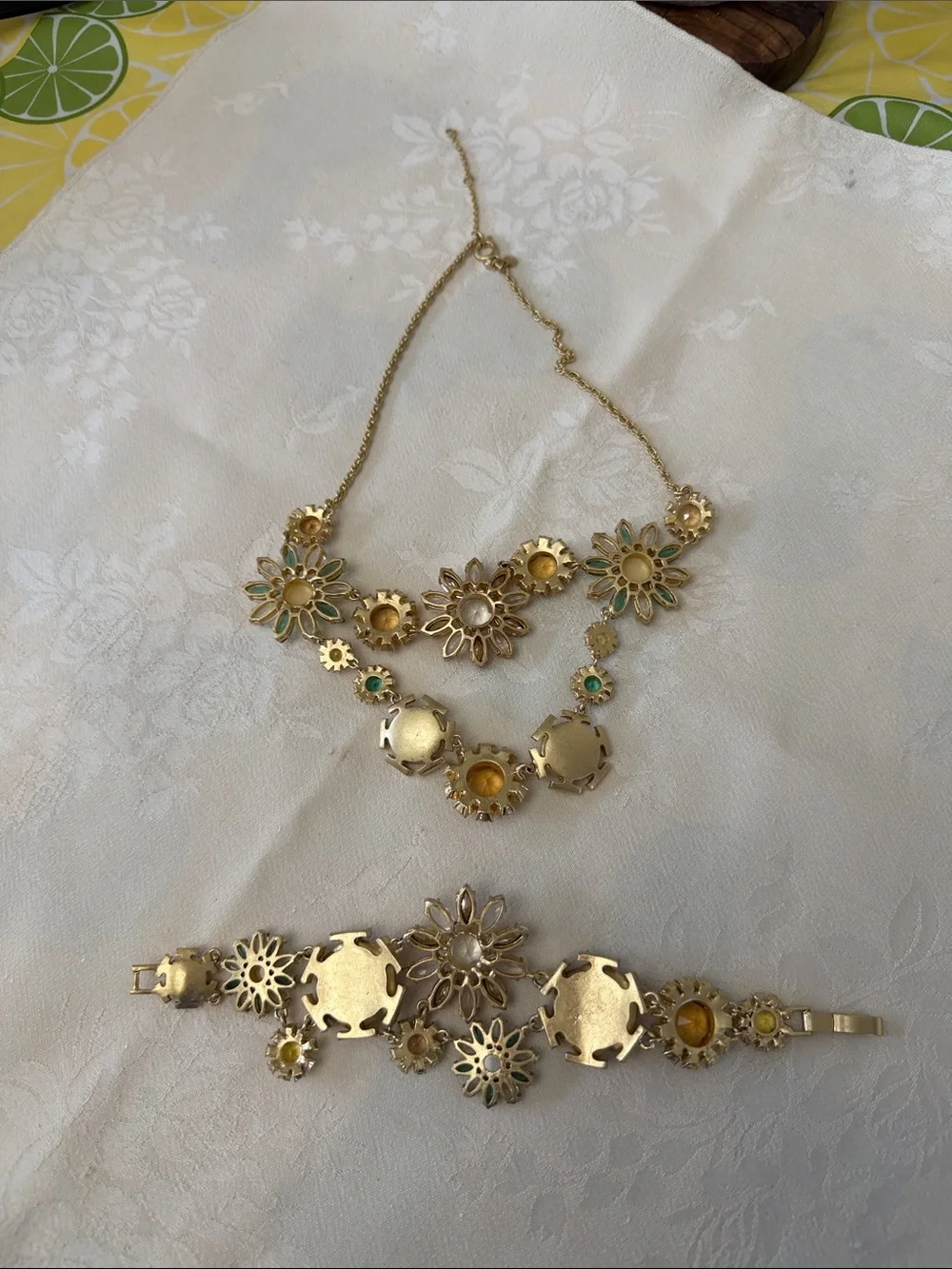 Gold Multicolor Floral Statement Necklace and Bracelet Set